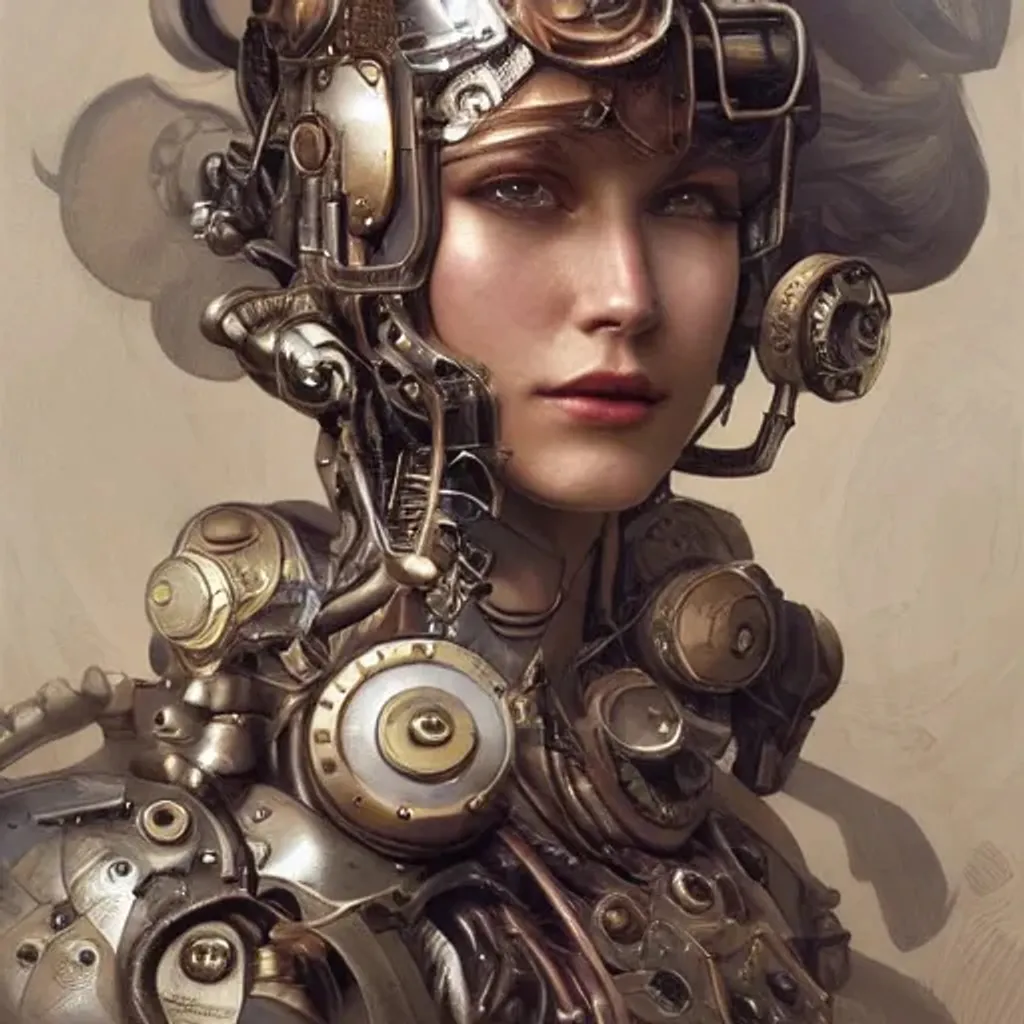 Prompt: steam punk cyborg, diffuse lighting, fantasy, intricate, elegant, highly detailed, lifelike, photorealistic, digital painting, artstation, illustration, concept art, smooth, sharp focus, art by John Collier and Albert Aublet and Krenz Cushart and Artem Demura and Alphonse Mucha