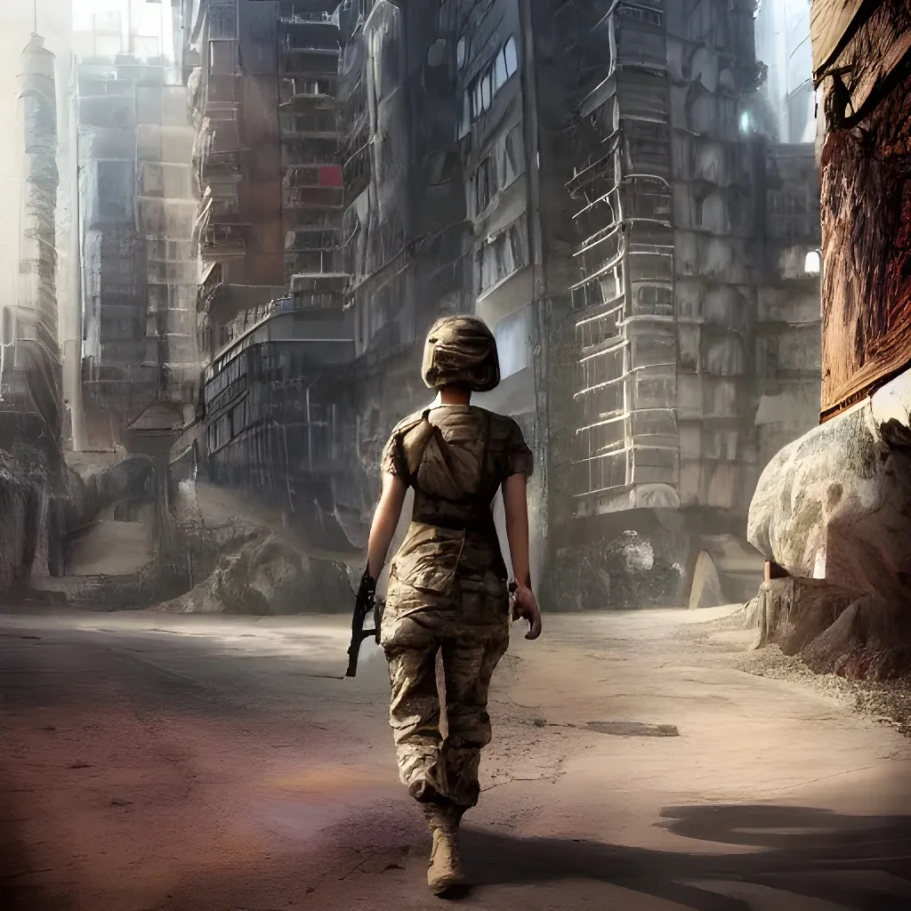 Prompt: Magnificent rendering of a female soldier walking on dystopian city, colorful, by Square Enix, Bend Studio. Nature blended Architecture, amazing depth, Incredibly detailed, maximalist matte painting. Terragen 4, RED Engine 4, stereoscopic, VR, HDR, Global Illumination, polished