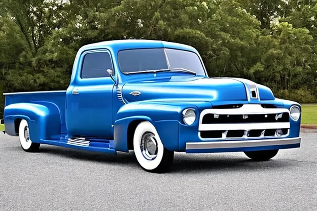 Prompt: photo of ford f-100 1948 blue metallic, white strips, neon lights, futuristic, grim, vivid colors, highly detailed