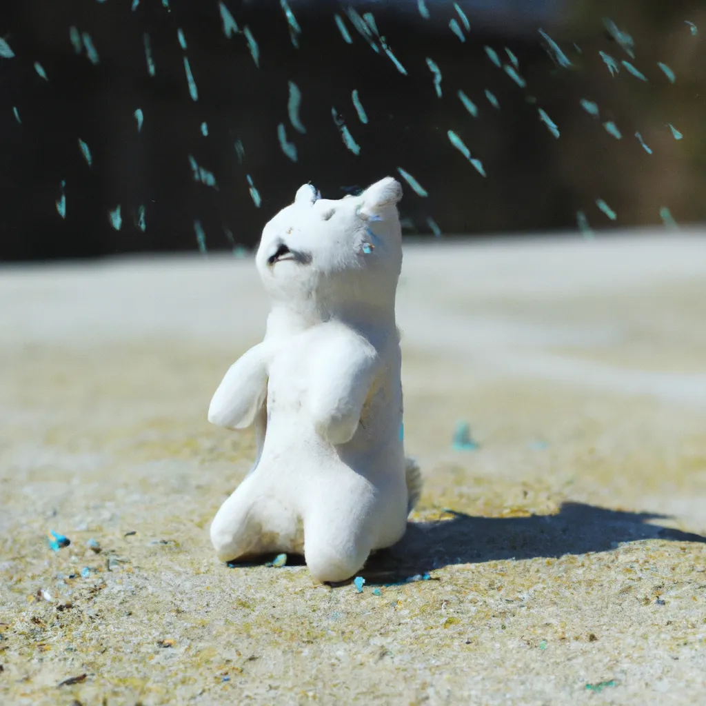 Prompt: clay stopmotion animation of a white cat outside, raining but sunny day