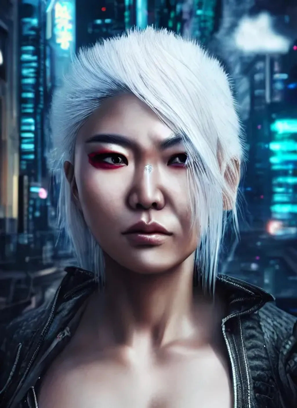 Prompt: Extremely detailed portrait of beautiful cyberpunk asian woman with white hair with angry face and, extremely detailed background cyberpunk city, hyperrealistic , 8k, high quality, concept art, trending on artstation, sharp focus, studio photo, intricate details, hyper detailed