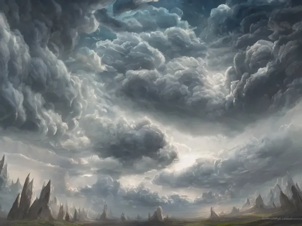 Prompt: Large beautiful clouds in the sky, fantasy art trending on ArtStation