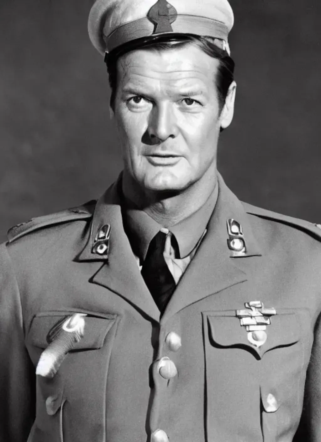 Prompt: Photograph of Roger Moore as a soldier in World War II, black and white