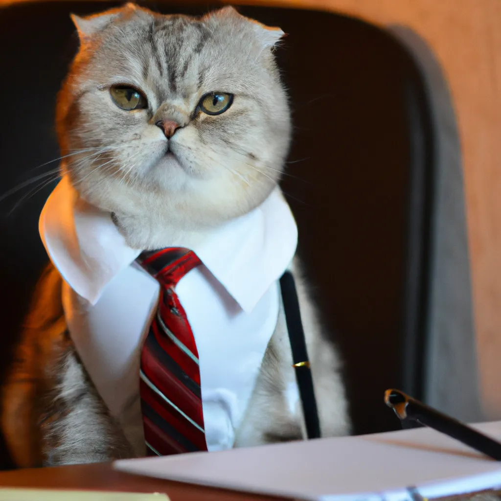 Prompt: the cat is sitting at the table in a business suit