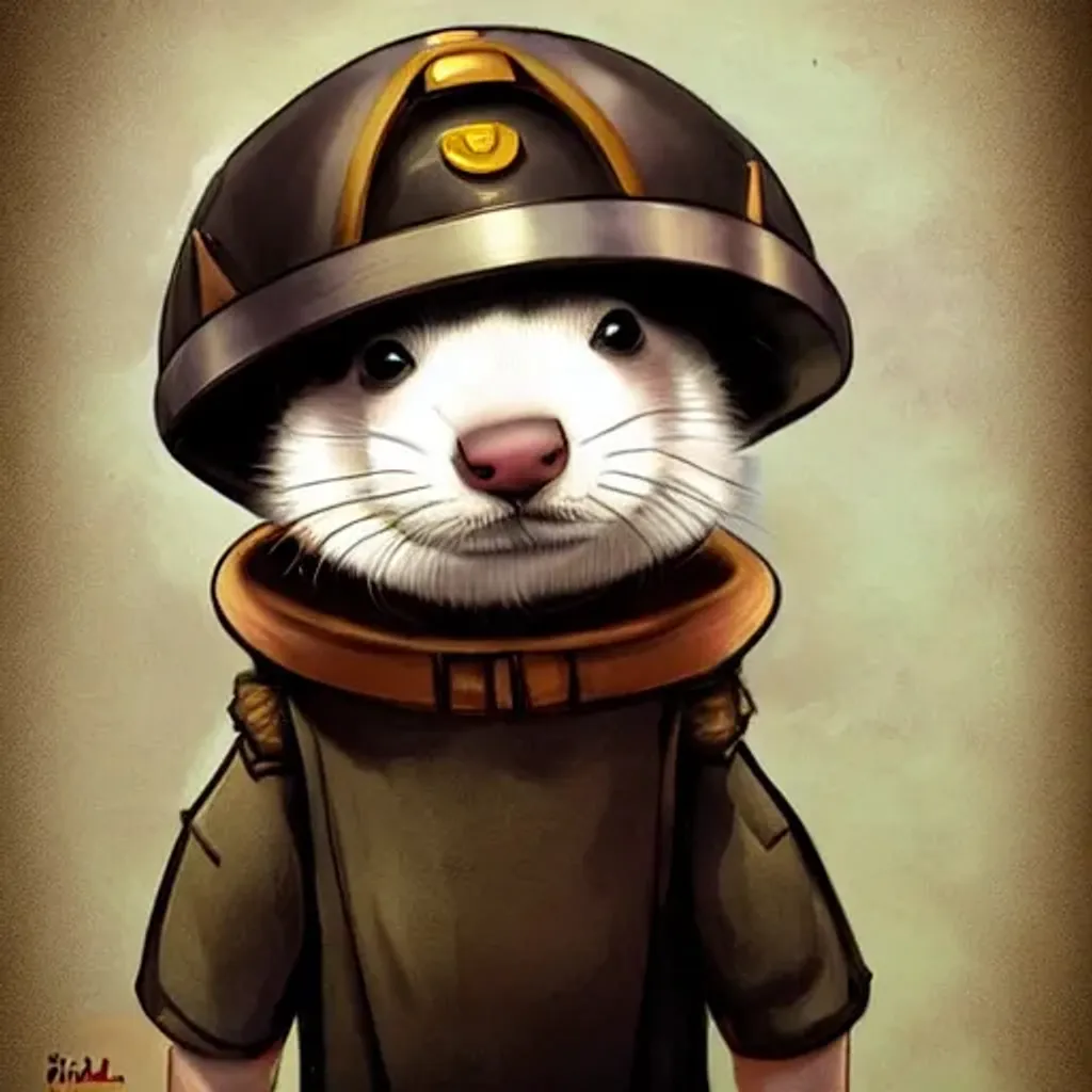 Prompt: Cute and happy ferret with miner's helmet, dreamlike, super cute, tiende on artstation