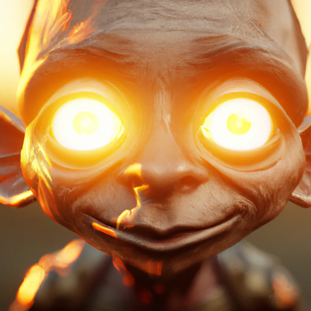 Prompt: Photo of Half gnome half human, smooth 3D render, cute, photorealistic, octane render artstation trending 8k steampunk wlop uhd unreal engine, fiery eyes, golden light, liquid mirror, bokeh, centered 