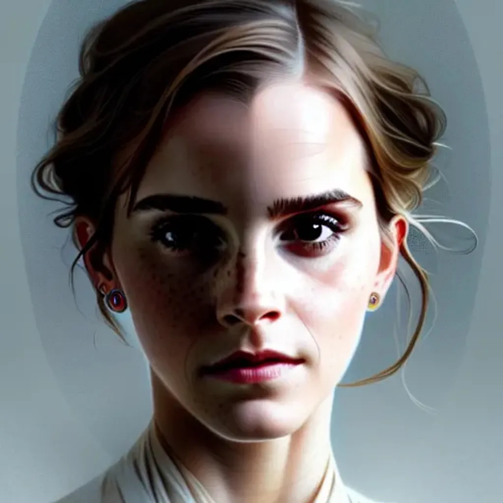 Prompt: Portrait of Emma Watson, beautiful face, tone mapped, intricate, elegant, highly detailed, artstation, concept art, smooth, sharp focus, illustration Greg Rutkowski Alphonse Mucha