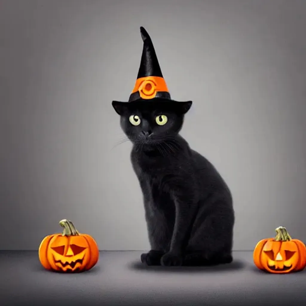 Prompt: Halloween theme. Cute black cat wearing a Halloween witch hat precious moments figurine , digital art, pumpkin heads, perfect composition, beautiful detailed intricate insanely detailed octane render trending on artstation, 8 k artistic photography, photorealistic concept art, soft natural volumetric cinematic perfect light, chiaroscuro, award winning photograph, masterpiece, jack-o-lantern oil on canvas, raphael, caravaggio, beeple, beksinski, H.R.Giger, Vanasthali 