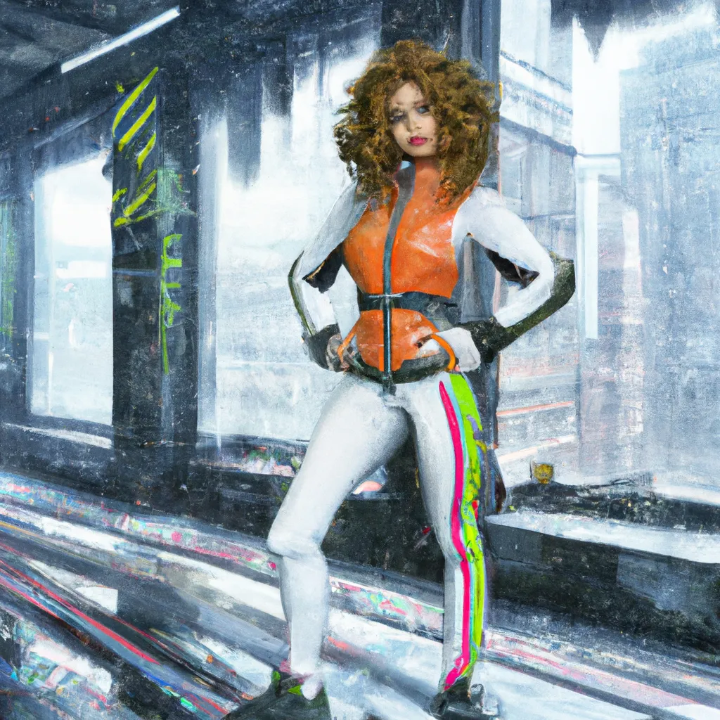 Prompt: Full body with face 2D graffiti spray paint style, rainy cyberpunk city in background, Pretty Russian 27 year old woman with turquoise wavy curly chin length hair, white gray orange colored dieselpunk outfit with lots of straps, white solarpunk jacket, dancer pose