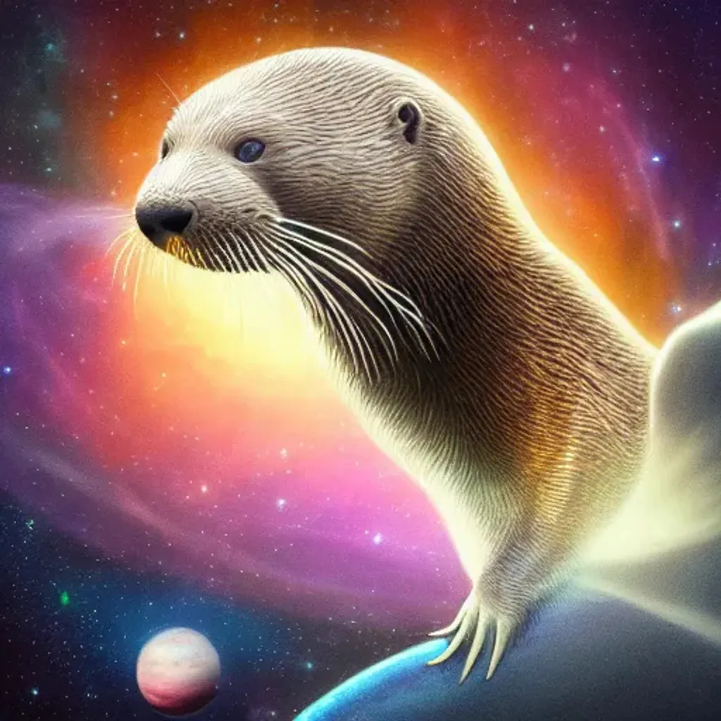 Prompt: beautiful image of an otter on its first day of creating the world and matter in the dark deep space, light and darkness separated, planets, under a black night sky of astronomical glittering starlight in the outer reaches of the solar system beyond, trending on artstation, octane render, symmetry by raqib shaw, presence of god, eye of god. 