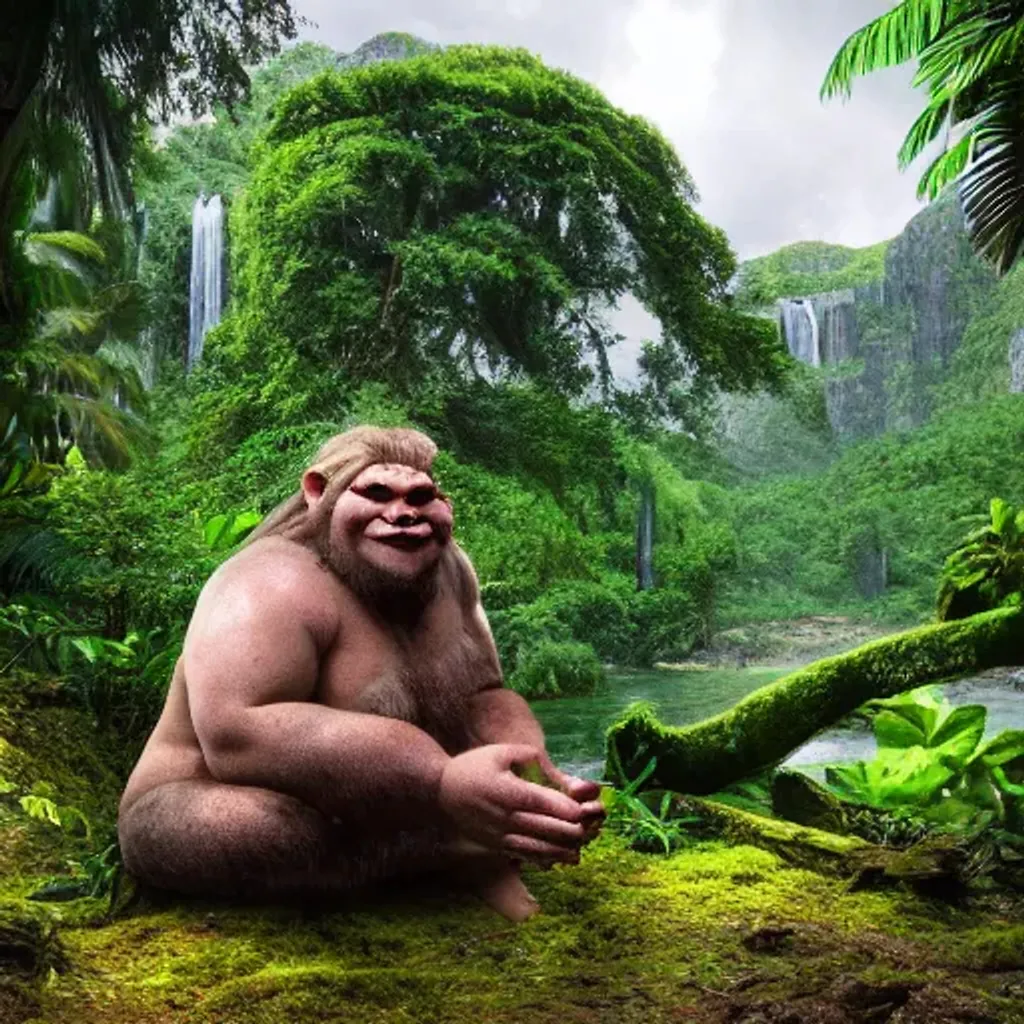 Prompt: A norwegian troll in a lush tropical landscape with old stone ruins scattered around, tall monuments, giant trees, river, cinematic, epic, wonderous, realistic, lifelike