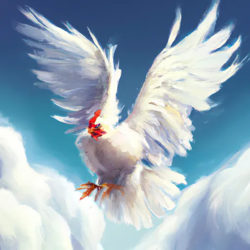Prompt: a chicken with opened wings in the sky, digital art 