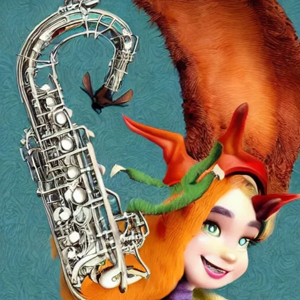 Prompt: Ultra high Quality photo | A monster flying fox with wings is serving Dali and Escher and Klarwein posing as cute furry little elf  | concept art | video game  character | saxophone  | flora fauna theme | fine details and expressions | Toys Story  movie | ultra high resolution octane  | midjourney  | subject centered | photo realistic | ultraviolet  | upscale | by Artgerm Artstation Pixar Disney Hanako Yamamoto