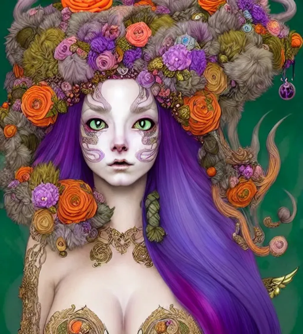 Prompt: cat girly shapeshifter fursona, green orange red purple eyes, soft downy face fur, colourful, very fine luxurious long flowing hair, humanoid in the style of Annie Swynnerton and victo ngai, detailed and intricate, ornate, hyper realistic, super detailed, and intricate, hypermaximalist elegant aesthetic, ornate, artifact, fractal, otherworldly, perfection, awesomeness, glee, spotted fur, volumetric lighting, volumetric swirling mist, pink orange red charcoal blue, cinematic, furaffinity, 128K, UHD, Unreal Engine 5, pi, fractal, fBm