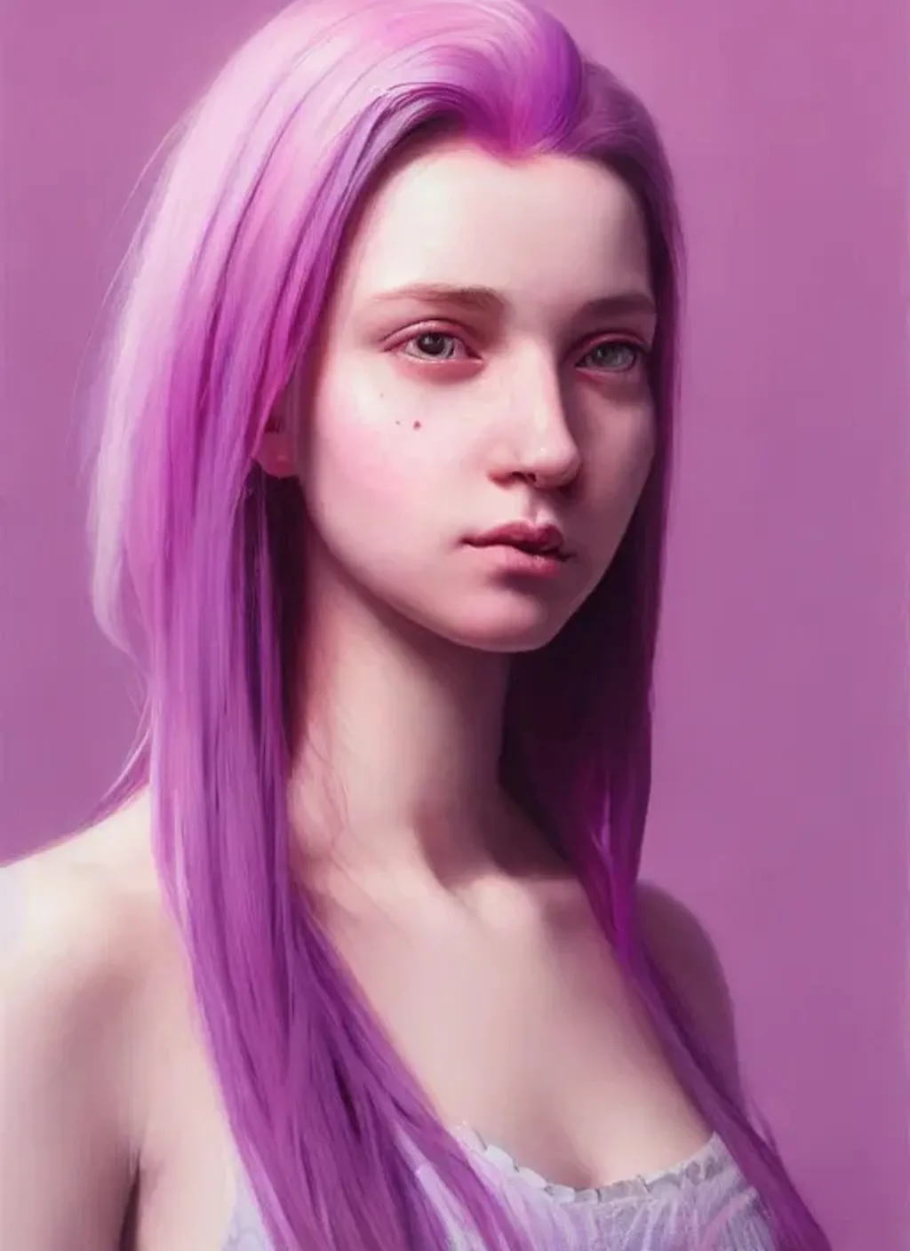 Prompt: Portrait of Girl with purple hair and with cute face, pink background, perfect composition, hyperrealistic, super detailed, 8k, high quality, trending art, trending on artstation, sharp focus, studio photo, intricate details, highly detailed, by greg rutkowski