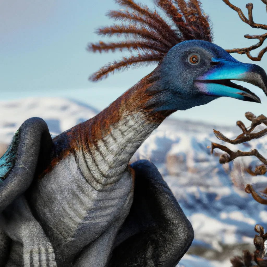 Prompt: The giant Archaeopteryx Corvid Steller's Jay chimera from the pre-historic era, in its habitat.  speculative evolution. Highly realistic accurate anatomical CGI representation, transitional features with birds, amazing colors and patterns on its feathers, hyperrealistic, ZBrush sculpt