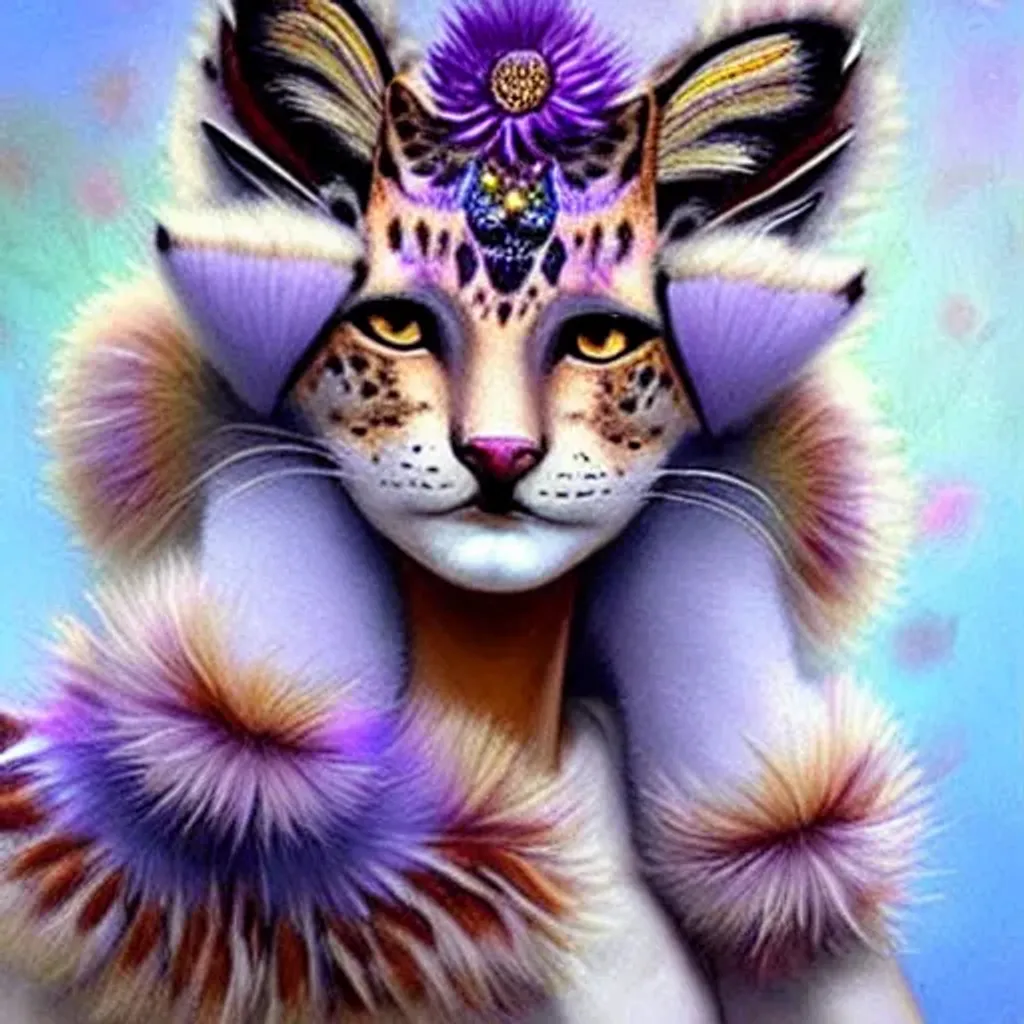 Prompt: a bejewelled felinoid fursona with soft downy facial fur, blue, lavender, mauve, cream, brown eyes, white and cream striped fine, whispy body fur, calico-Influence, white luminescent biomorphic glistening wings, in the style of Mandy Jurgens, Amanda Sage, in flower garden in the style of Fragonard, darkness, glowing magical flowers, moonlight, low volumetric glowing fog, background theme glowing stars, epic, painted, fantasy, beautiful rich deep colors, dynamic lighting volumetric lighting , occlusion, 128K UHD Unreal Engine 5
