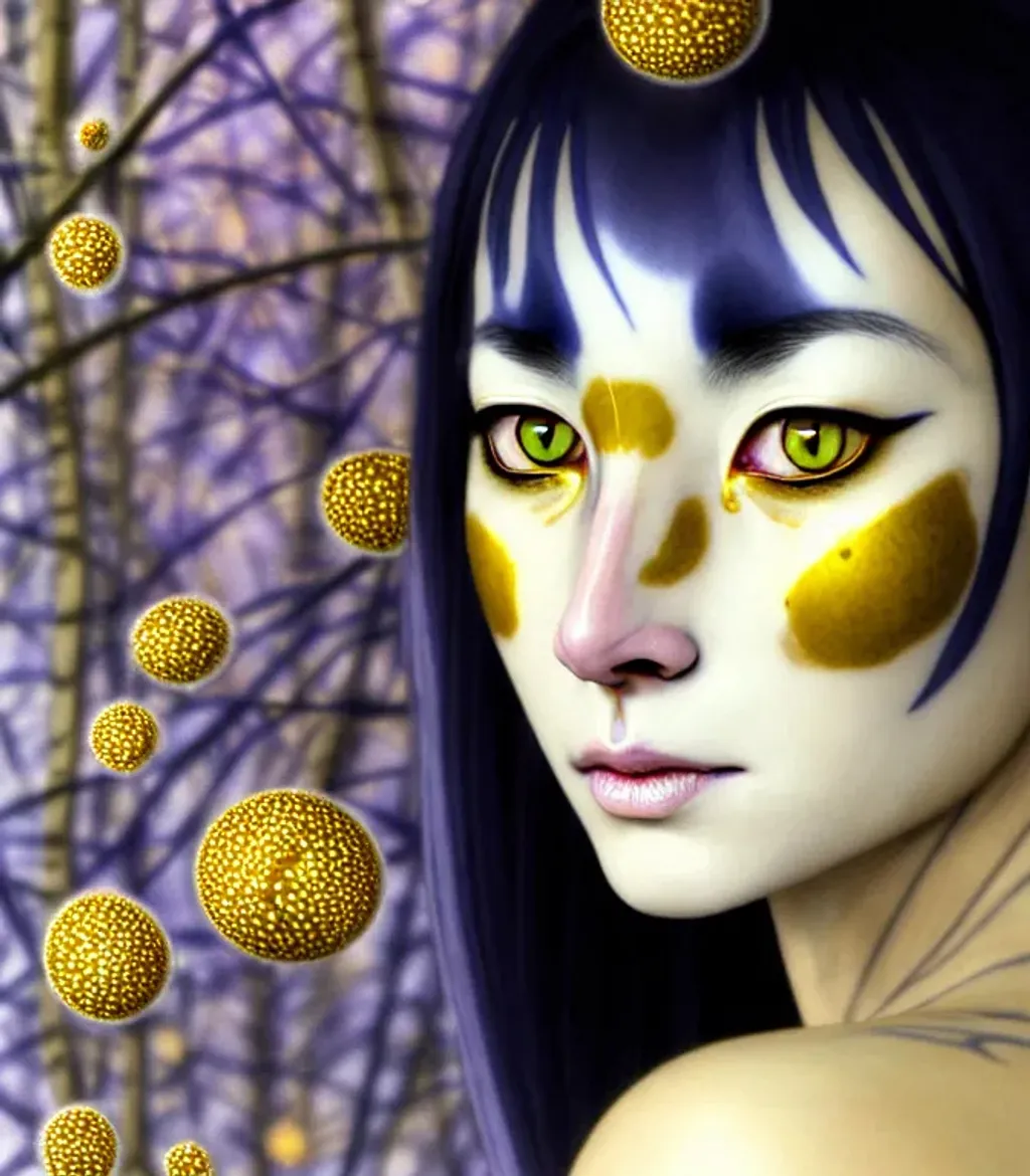 Prompt: (( woman-cat shapeshifter)) indigo cream mustard pine amber silver photorealistic eyes, (lynx-Influence) by Yayoi Kusama, Alan Lee, beautiful face, two beautiful hands, two beautiful arms, impeccable skin details, very healthy, galaxy hair, glowing translucent fractal ((flowers)) by ((Sybilla de Merian, John Berkey)) background theme (murmuration of particles) made of shining translucent crystal, high index of refraction, bioluminescent (fractal spray of droplets) by ((Howard David Johnson)) airbrush, acrylic on paper, smokey sky, fBm clouds, sunlight and shadows,  cinematic, ultra realistic, sense of high spirits, global illumination, volumetric fog,  volumetric lighting, occlusion, Poser 128K UHD fractal, pi, fBm