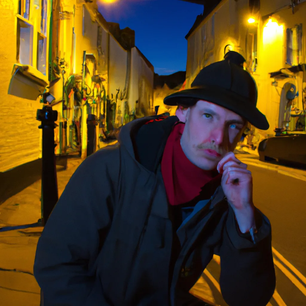 Prompt: a portrait photo of a goblin dressed like a detective, interesting lighting, vivid color, friendly, f/22 35 mm, on a quaint British street