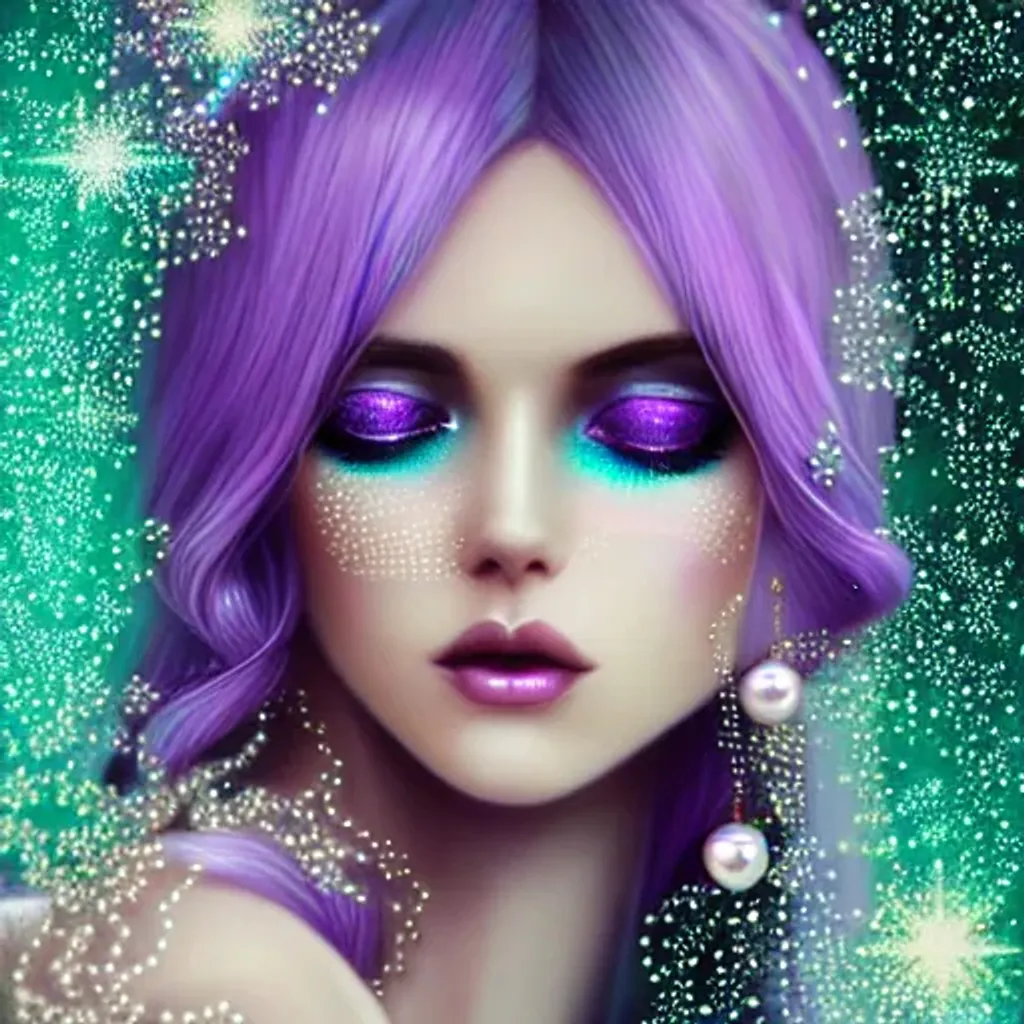 Prompt: Stunning beautiful exquisite pixie, long flowing hair, purple and teal baubles, lots of pearls, glitter background bokeh, Charlie Bowater 