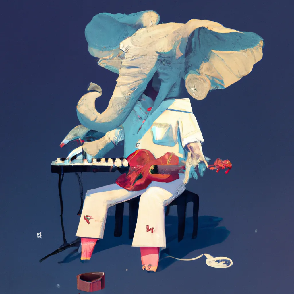 Prompt: An elephant is playing the guitar with his nose and with his feets, he is also playing a piano, at NY, digital art