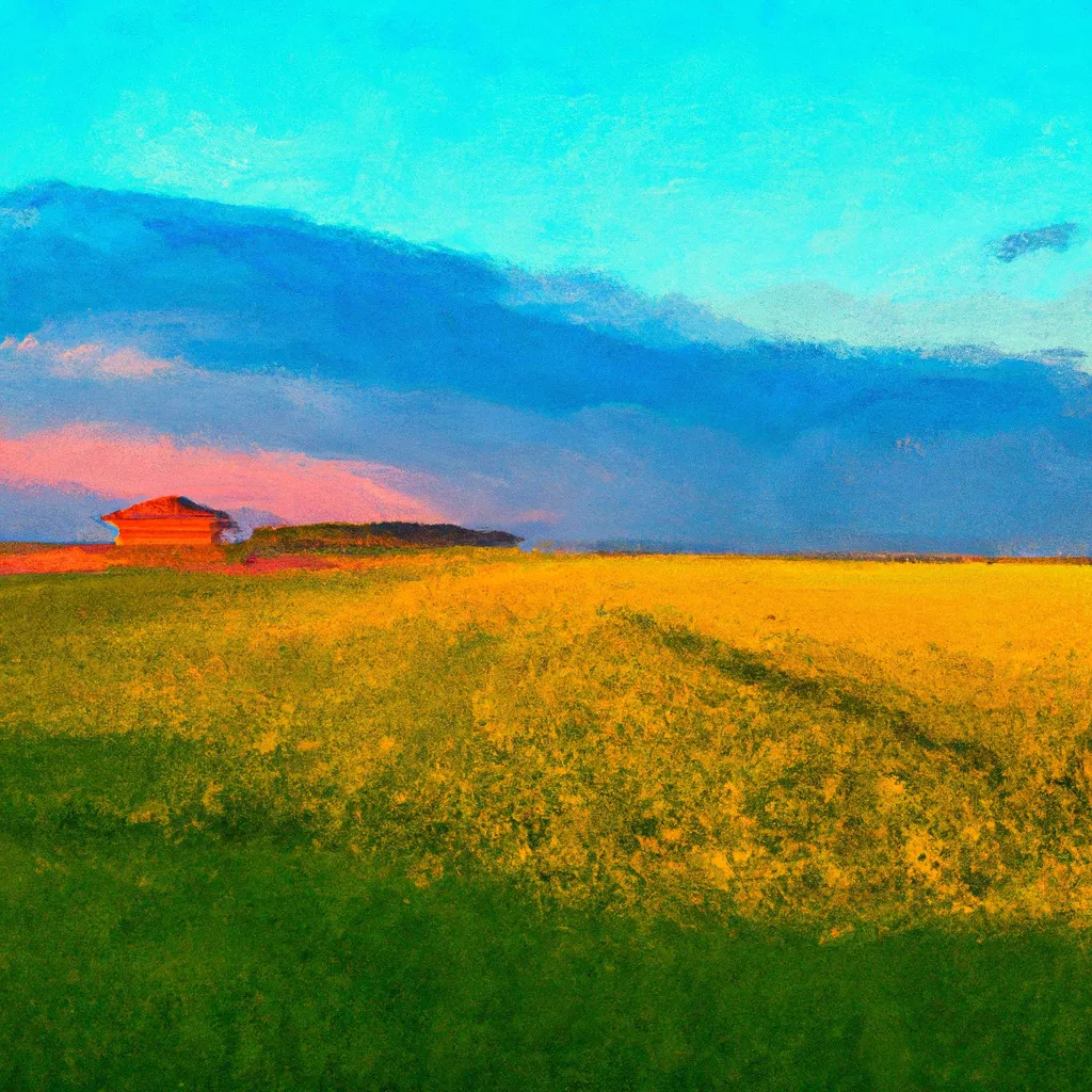 Prompt: A wide shot, Saskatchewan canola field with a red barn far in the background, sunset during golden hour, oil painting