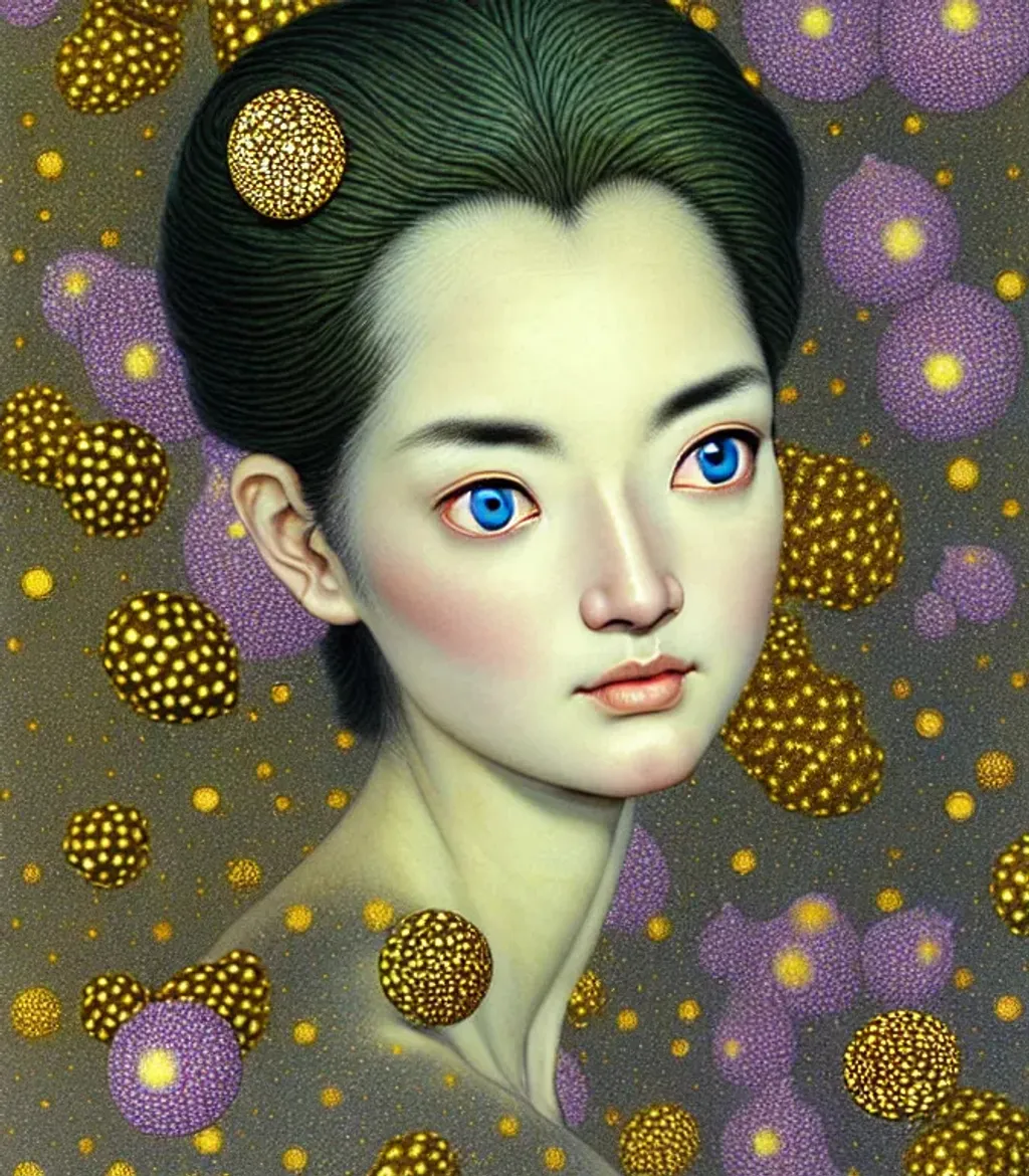 Prompt: (( woman cherub shapeshifter)) by Yayoi Kusama, Alan Lee, (lynx-Influence) indigo cream mustard pine amber, silver photorealistic eyes, beautiful face, two beautiful hands, two beautiful arms, in  impeccable skin details, very healthy, galaxy hair, glowing translucent fractal ((flowers)) by ((Sybilla de Merian, John Berkey)) background theme (murmuration of particles) made of shining translucent crystal, high index of refraction, bioluminescent (fractal spray of droplets) by ((Howard David Johnson)) airbrush, acrylic on paper, smokey sky, fBm clouds, sunlight and shadows,  cinematic, ultra realistic, sense of high spirits, global illumination, volumetric fog,  volumetric lighting, occlusion, Poser 128K UHD fractal, pi, fBm