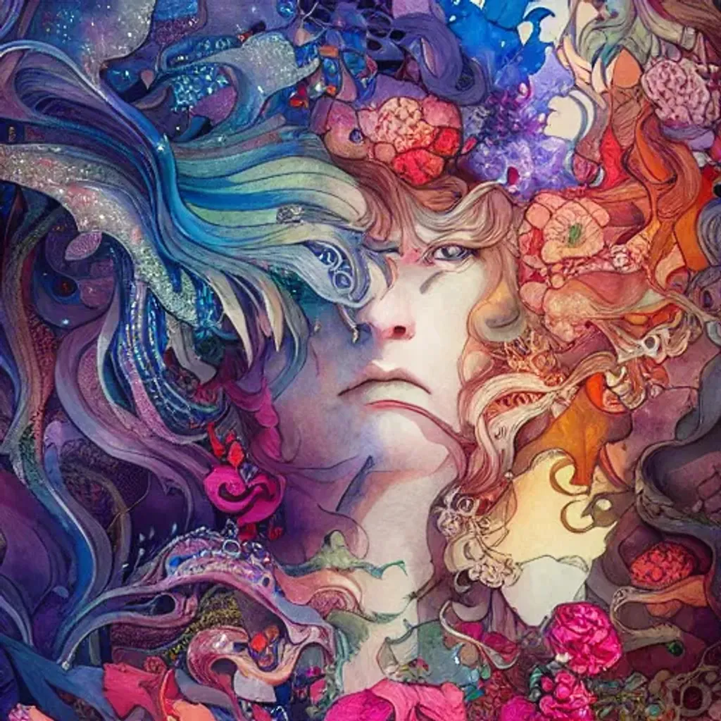 Prompt: Keep yourself alive watercolor. by Android Jones: Japanese Art: James Jean: Erin Hanson: Anna Dittmann: professional photography, natural lighting, volumetric lighting maximalist, photo illustration 8k resolution concept art intricately detailed, complex, elegant, expansive, fantastical