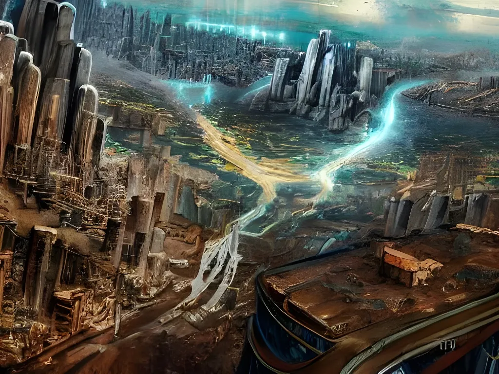 Prompt: View from a cliff to a dystopian wasteland megacity in 2500 AD, dark atmosphere, poison, atomic waste, Digital Art, Glow-In-The-Dark, Electrochemiluminescence, Post-Production, Tone Mapping, insanely detailed and intricate, hypermaximalist, elegant, ornate, hyper realistic, super detailed