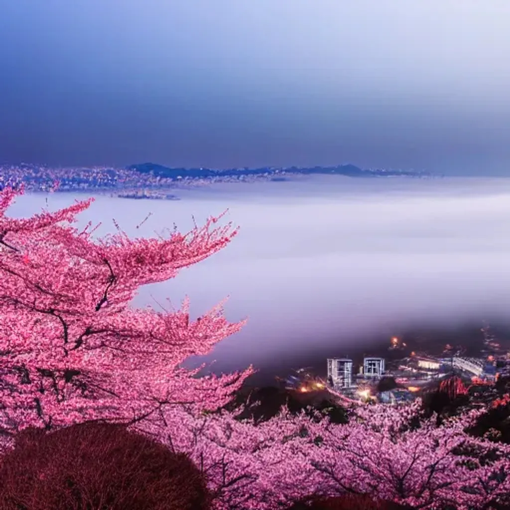 Prompt: mountains and cities covered in cherry blossom, soft light with fog, at night with city and ocean in the distance