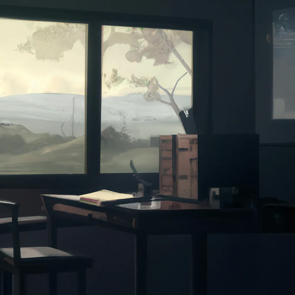 Prompt: a room with a desk and a chair and a window, a matte painting by Makoto Shinkai, pixiv, computer art, anime aesthetic, ominous vibe, anime