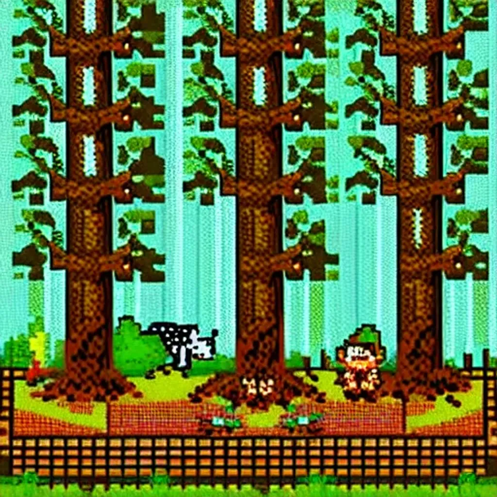 Prompt: cute forest scene, pixel art by Paul Robertson