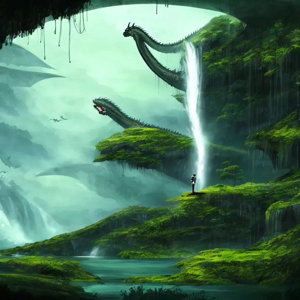 Prompt: House, futuristic, nature, waterfall, lonely soldier, illustration, dragon