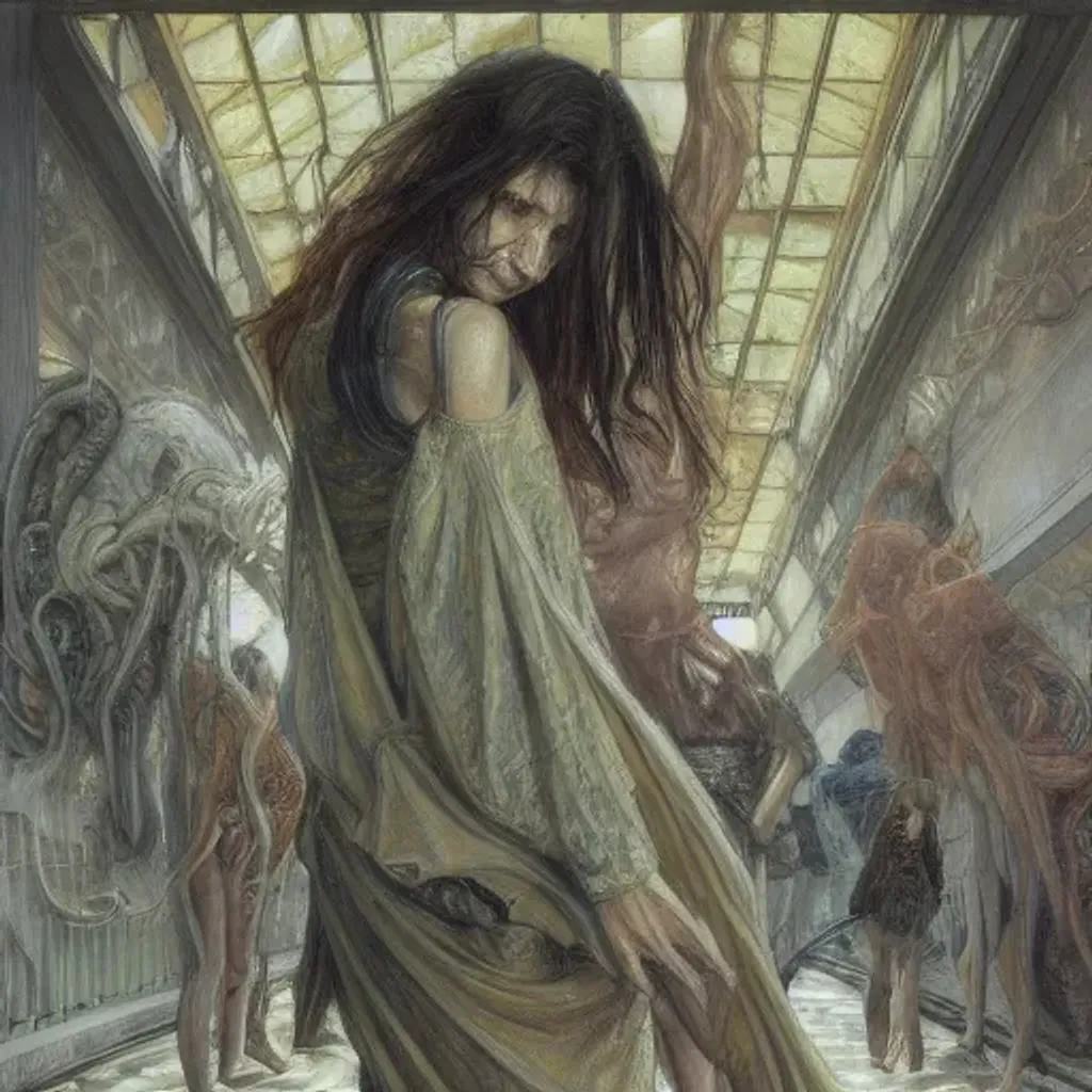 Prompt: donato giancola, A demonic girl coming out of a mans back, Inside a mall where the walls are covered in intestines