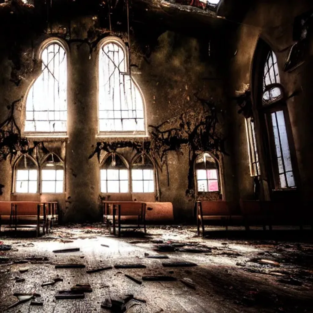 Prompt: inside abandoned church, broken benches, moody light, garbage on floor, broken roof with light coming inside