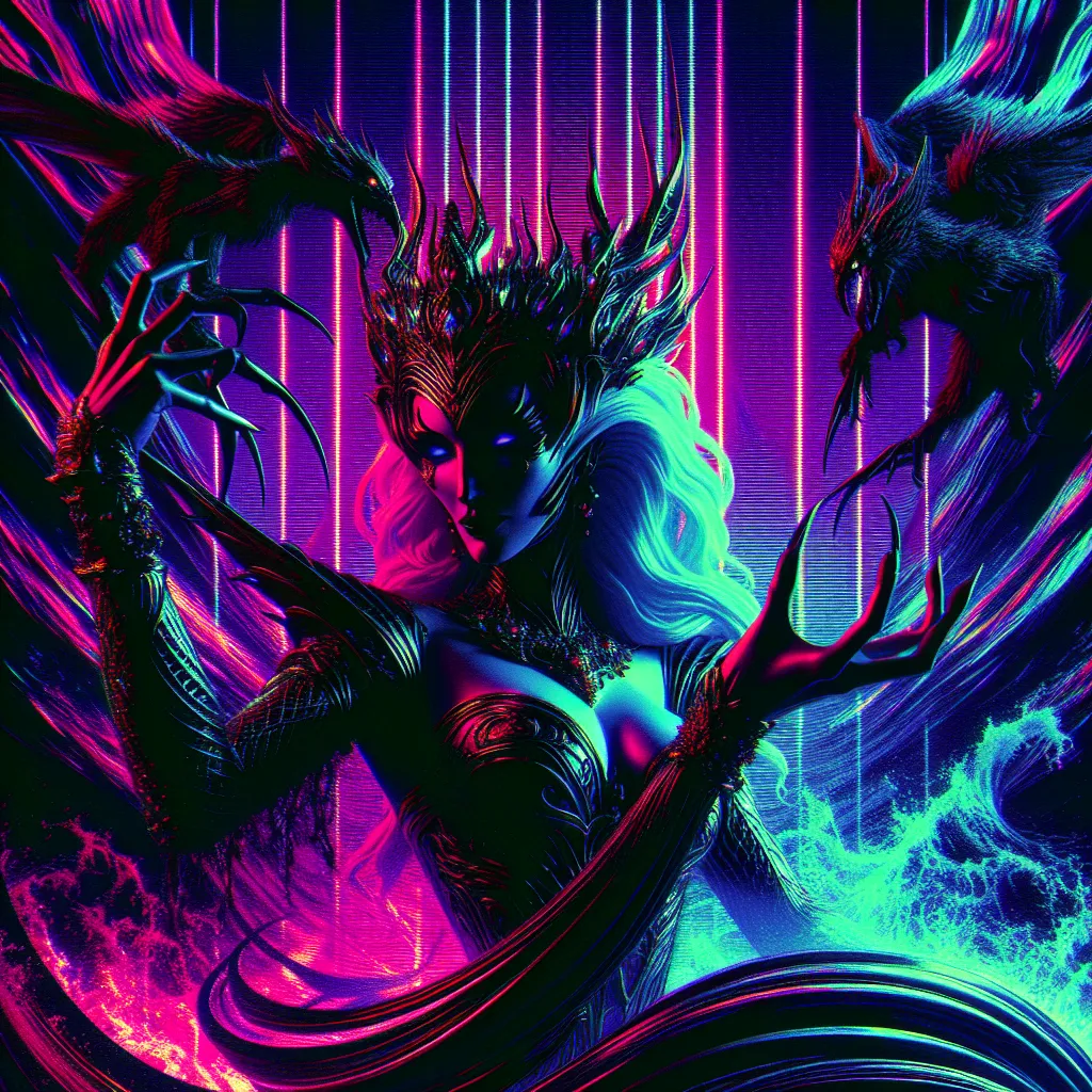 Prompt: Beautiful queen of succubi, demonic figure in a gothic vaporwave setting, dynamic pose, beauty, neon lights casting a dramatic glow, retro aesthetic, high definition, dramatic lighting, demonic, high quality, liminal, vivid colors, detailed features, atmospheric, haunting vibe, surreal, retro-futuristic, intense gaze, otherworldly, dark and unsettling, eerie