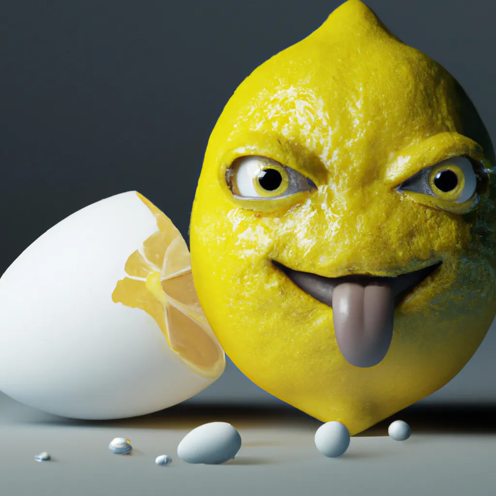 Prompt: close-up of a bumpy sour lemon with a smug face winking 1 eye emerging from a cracked eggshell, cinematic, octane render, ray tracing art