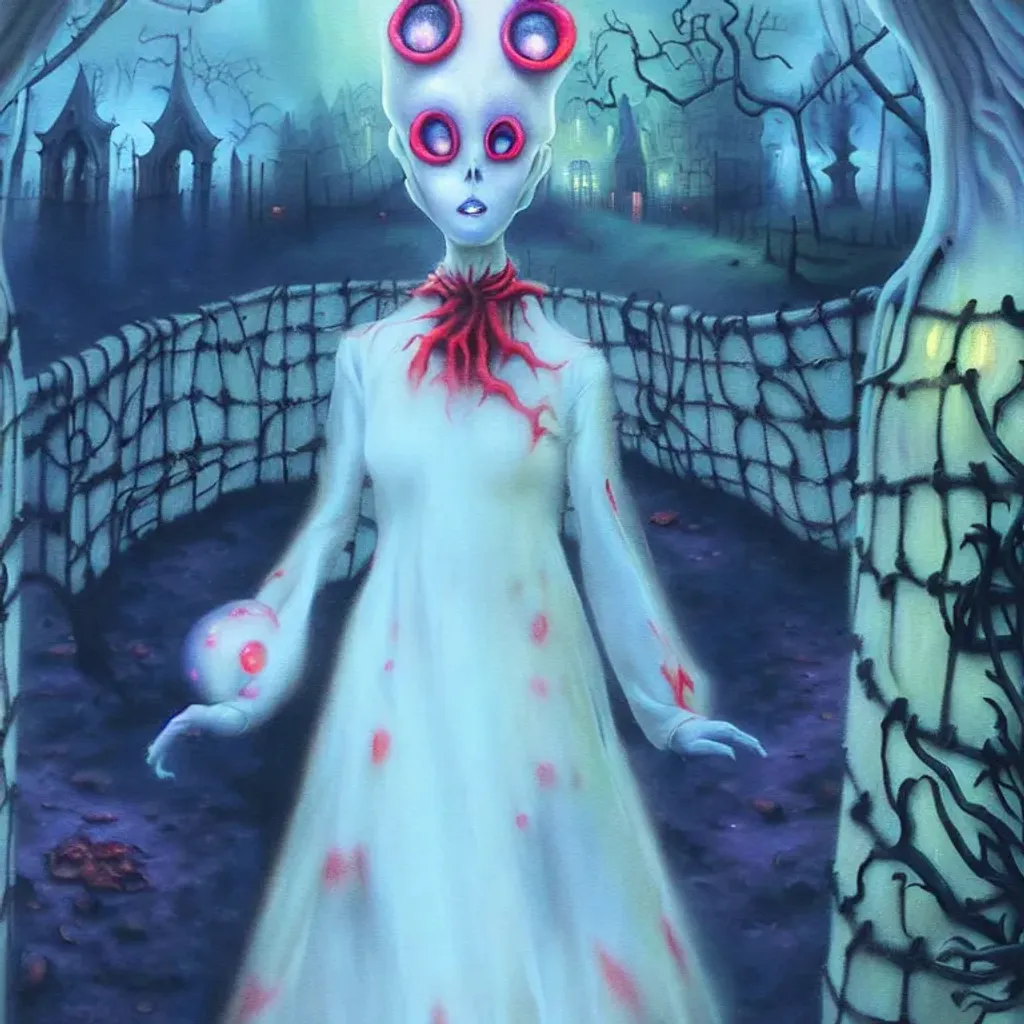 Prompt: An expressive surrealism oil painting of a ghost in a cosplay costume lost in a maze. 
spooky, foggy atmosphere. Scary. Haunted. Bokeh. Concept art. Highly detailed, expressive surrealistic oilpainting, colorful, digital art, digital airbrush, 8K.  Clear Detailed sharp Cartoon anime manga cover by Anna Dittmann, tim Burton, Gil Elvgren, Tom Bagshaw, Elsa Beskow, Hayao Miyazaki.