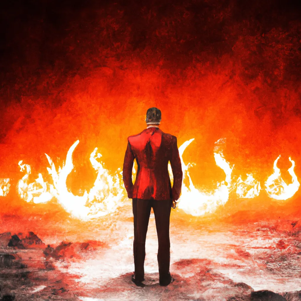 Prompt: Man in red suit standing in hell