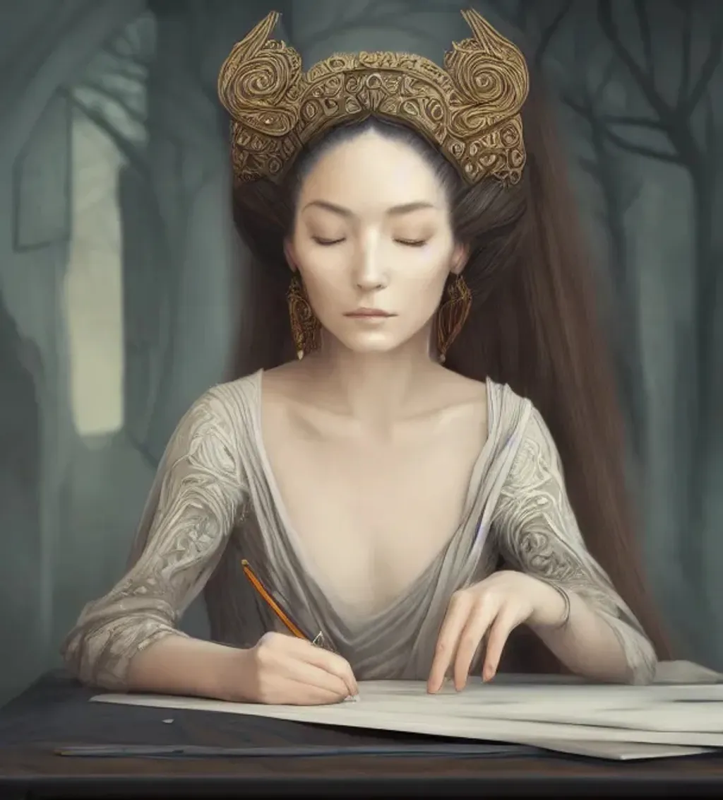 Prompt: Portrait of a beautiful female scribe writing on a scroll and sitting at a desk, looks like a spirit, fantasy, intricate, elegant, highly detailed, digital painting, trending on artstation, concept art, smooth, sharp focus, unreal engine, 4k, 8k, otherworldly, ethereal