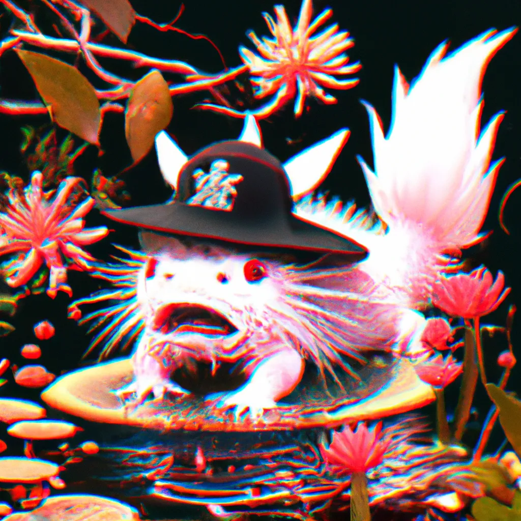 Prompt: a Ukiyo-e comic book styled vintage risograph of a adorable lit Dia de Los muertos Axolotl wearing a witch hat,red spider lilies bloomin,bubbles,eclipse,4K,moody,award winning, trending on art station,goofy funny spooky scary mysterious halloween horror vibe, intricate details,digital art,incredible design,emotive,unreal engine 5 render,octane render,dia de Los muertos 