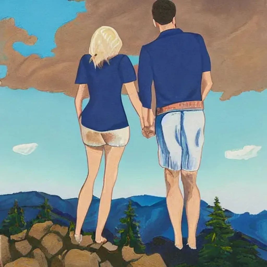 Prompt: Anniversary painting in the style of carravachio of a man and woman holding hands whilst standing on top of a mountain. The man has brown hair and the woman has blonde hair.