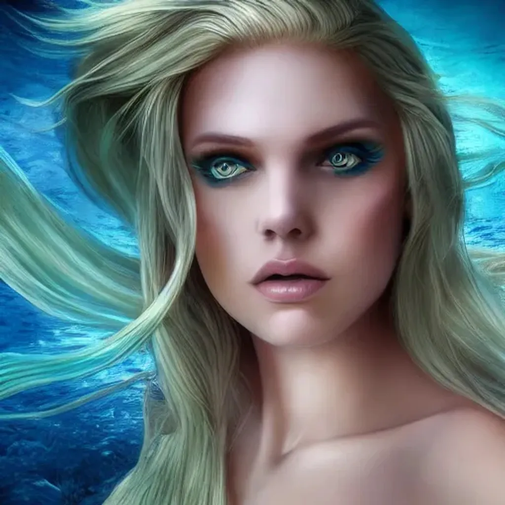 Prompt: a highly detailed professional full body portrait of a female mermaid, beautiful blonde hair, pale skin, blue symmetrical eyes, glowing long tail, luminescent,  otherworldly, high fantasy art, ethereal aesthetic, fashion photography, Fea  element, detailed shiny hair, dynamic lighting, photo realistic, cinematic lighting, 