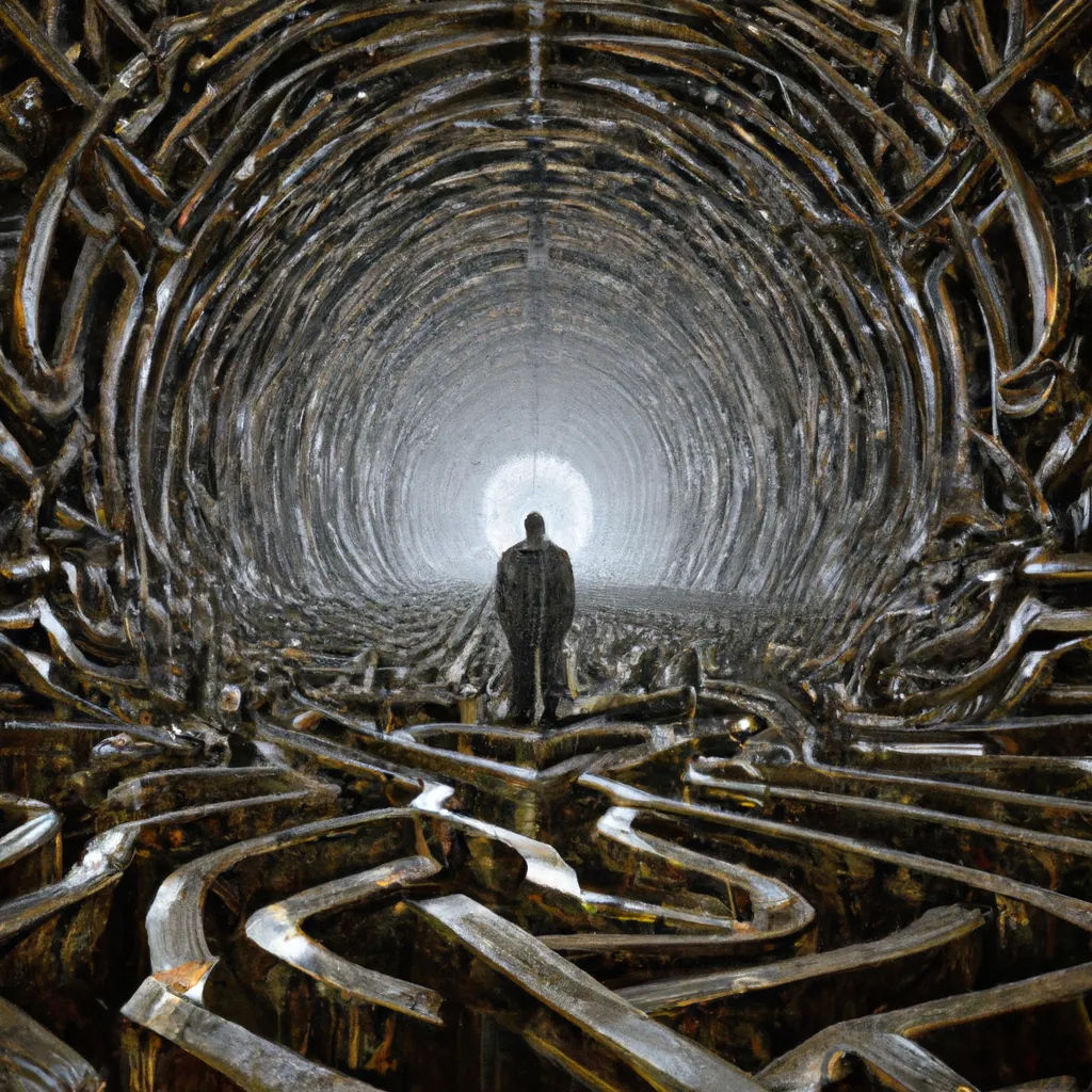 Prompt: A man in front of a Lyktion and it’s endless maze in the style of Giger   