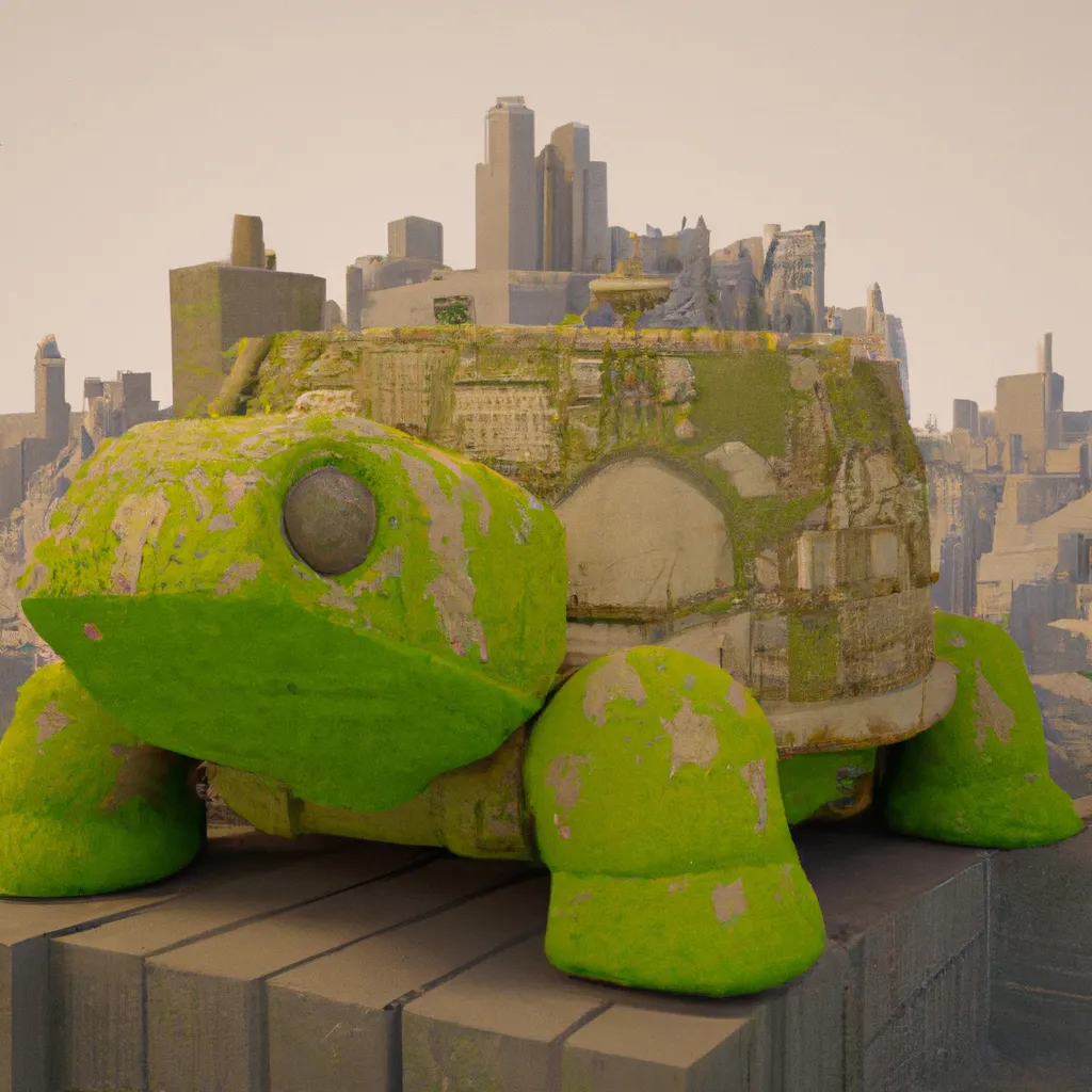 Prompt: 3D render of a cute dystopian city on top of a giant moss covered robot turtle in a clay style, isometric view, new york ruined city background, substance 3d painter, blender, smooth texture, Volumetric lighting, high resolution, trending on behance.net, by Nintendo