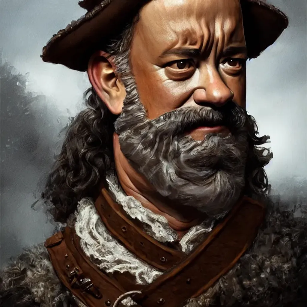 Prompt: highest quality portrait of Tom Hanks dressed as a rugged 17th century man in a jacket, victorian, detailed face, fantasy, close up face, highly detailed, cinematic lighting, digital art painting by Olga Skomorokhova, ultra sharp, smooth sharp focus, artstation hq, behance hd, trending on artforum, on display