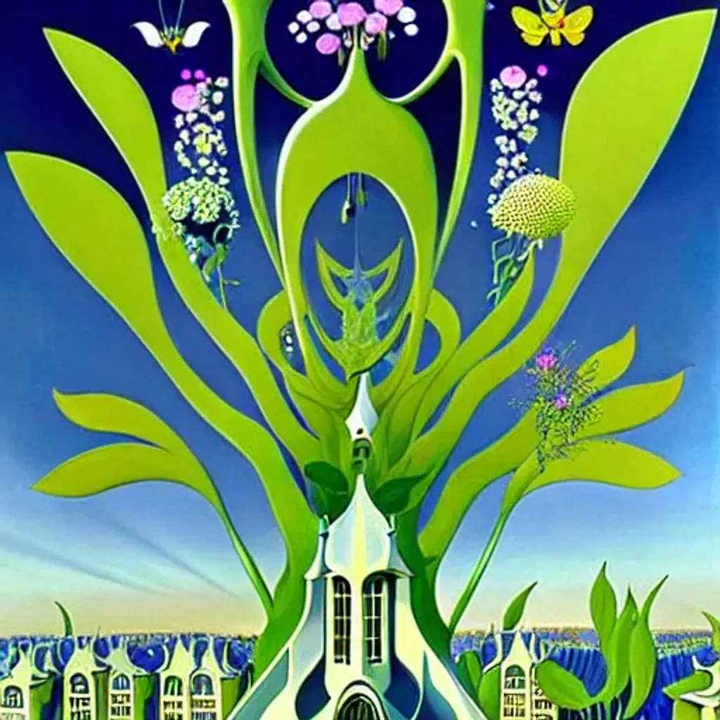 Prompt: House of belonging, 
Flower of forgiveness, impressive surrealist painting by Tim Burton and Sho Murase and eyvind earle.  Architecture advertisements. Esthetic Neighborhoods. Floral explosion. Rich fauna. Organic biopunk. Dystopian wasteland.