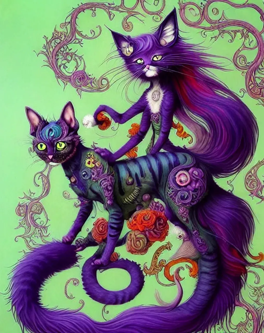 Prompt: cat girly shapeshifter fursona, green orange red purple eyes, colourful, very fine luxurious long flowing hair, humanoid in the style of Daniel Merriam and Android Jones, detailed and intricate, ornate, hyper realistic, super detailed, and intricate, hypermaximalist elegant aesthetic, ornate, artifact, fractal, otherworldly, perfection, awesomeness, glee, spotted fur, tail growths, ultra fine whisker protrusions, squid, volumetric lighting, volumetric swirling mist, pink orange red charcoal blue, cinematic, furaffinity, 128K, UHD, Unreal Engine 5, pi, fractal, fBm