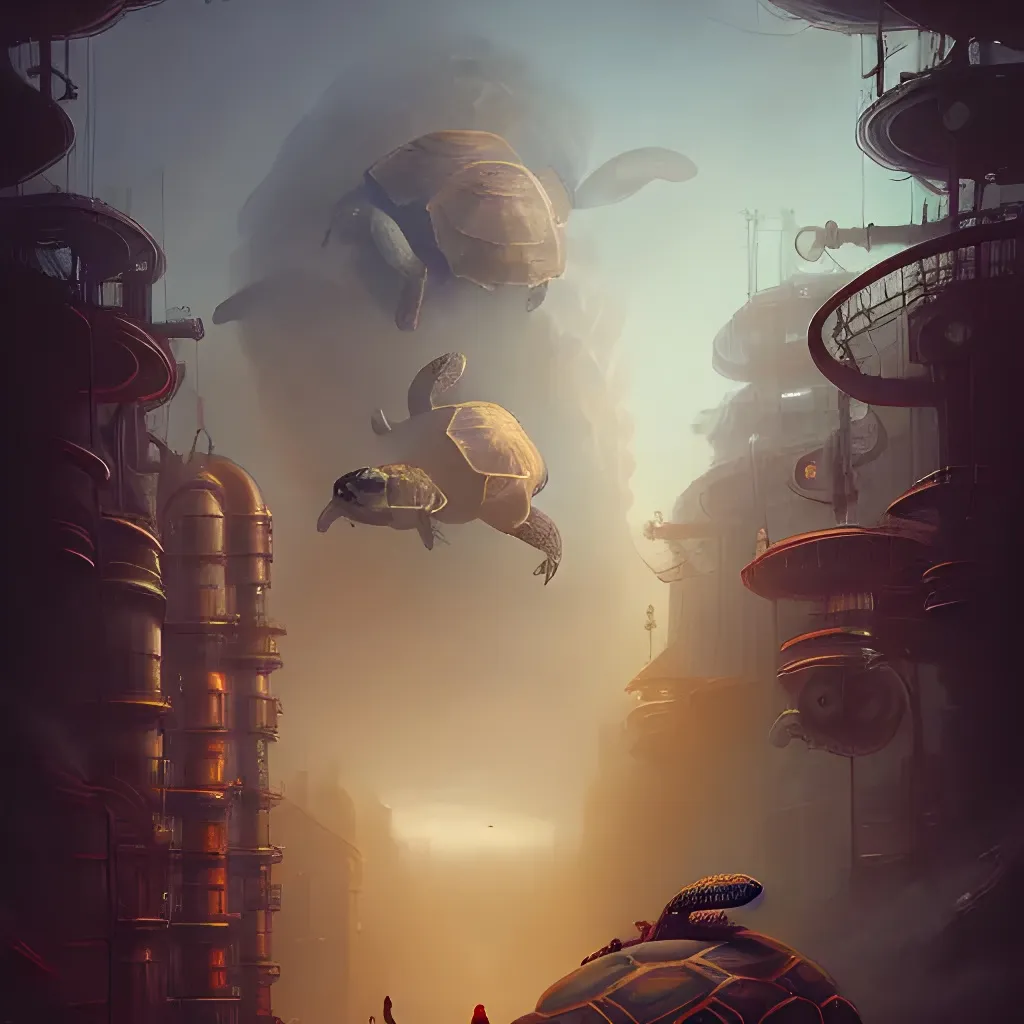 Prompt: steampunk mechanical giant walking turtle city, epic, fog background mountain range, hyper realistic, hyper maximalist, night, vanishing perspective, peter mohrbacher, hyper detailed realistic