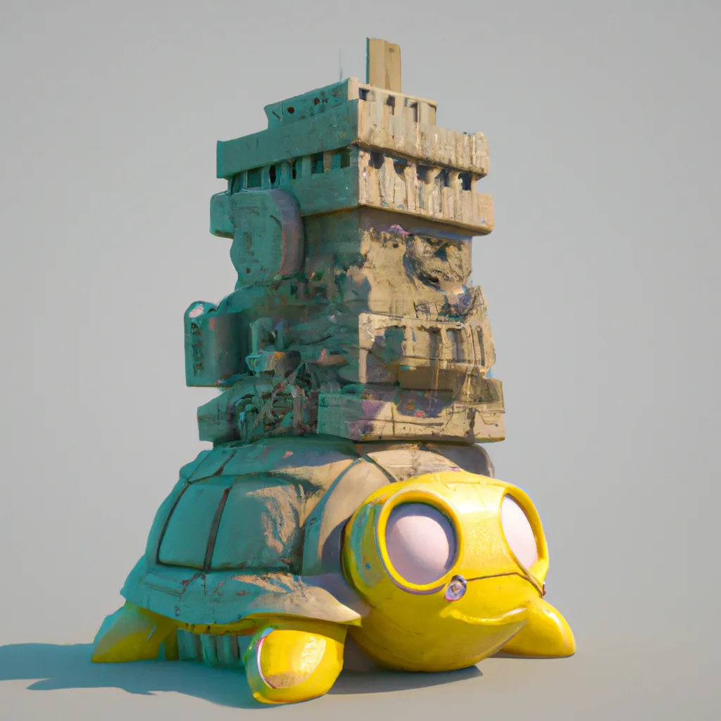 Prompt: 3D render of a cute large dystopian castle with a yellow-coloured garbage robot turtle in a clay style, isometric view, new york ruined city background, substance 3d painter, blender, smooth texture, Volumetric lighting, high resolution, trending on behance.net, by Nintendo